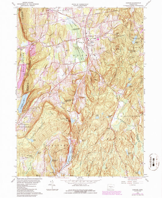 Classic USGS Durham Connecticut 7.5'x7.5' Topo Map Image