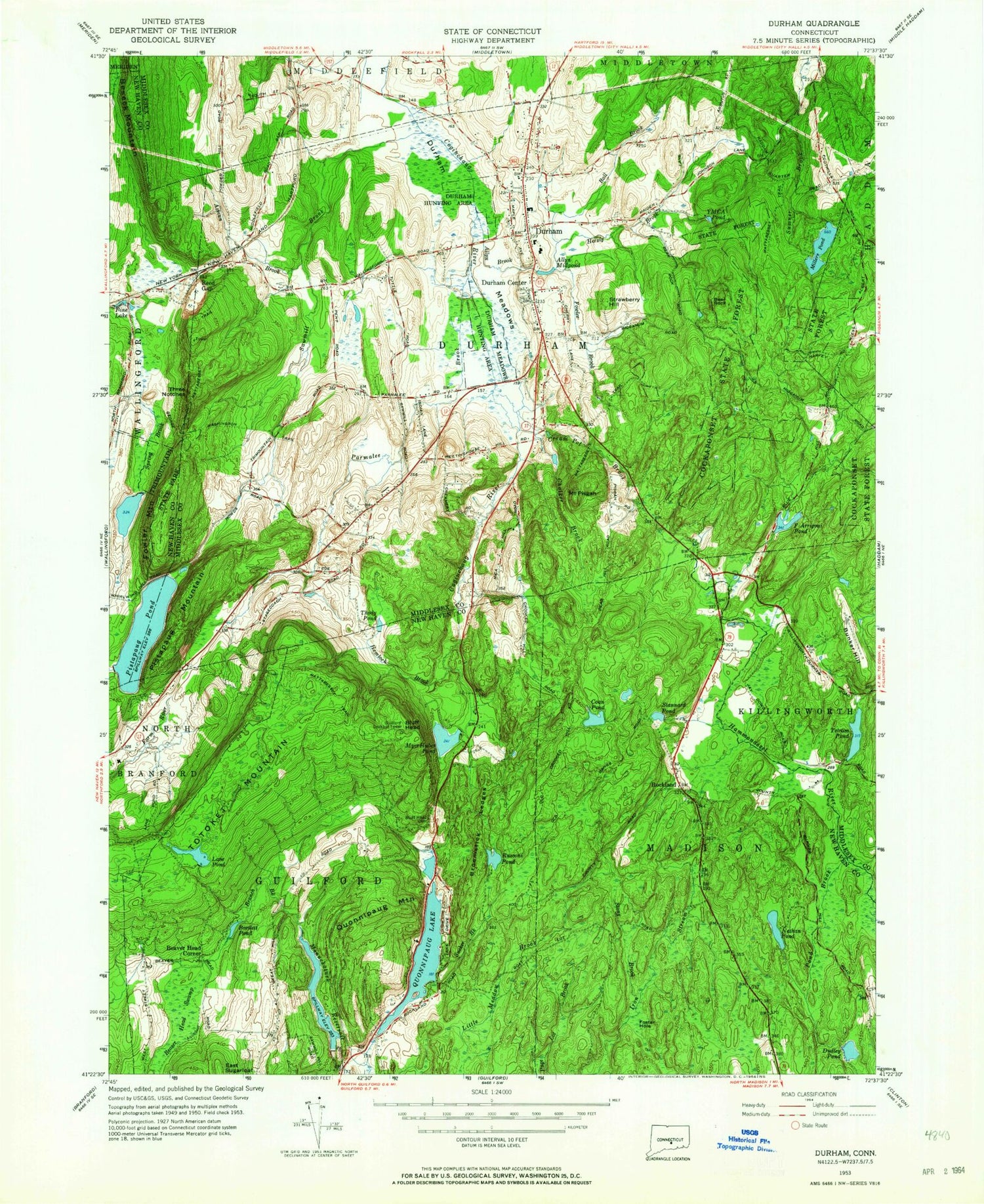 Classic USGS Durham Connecticut 7.5'x7.5' Topo Map Image