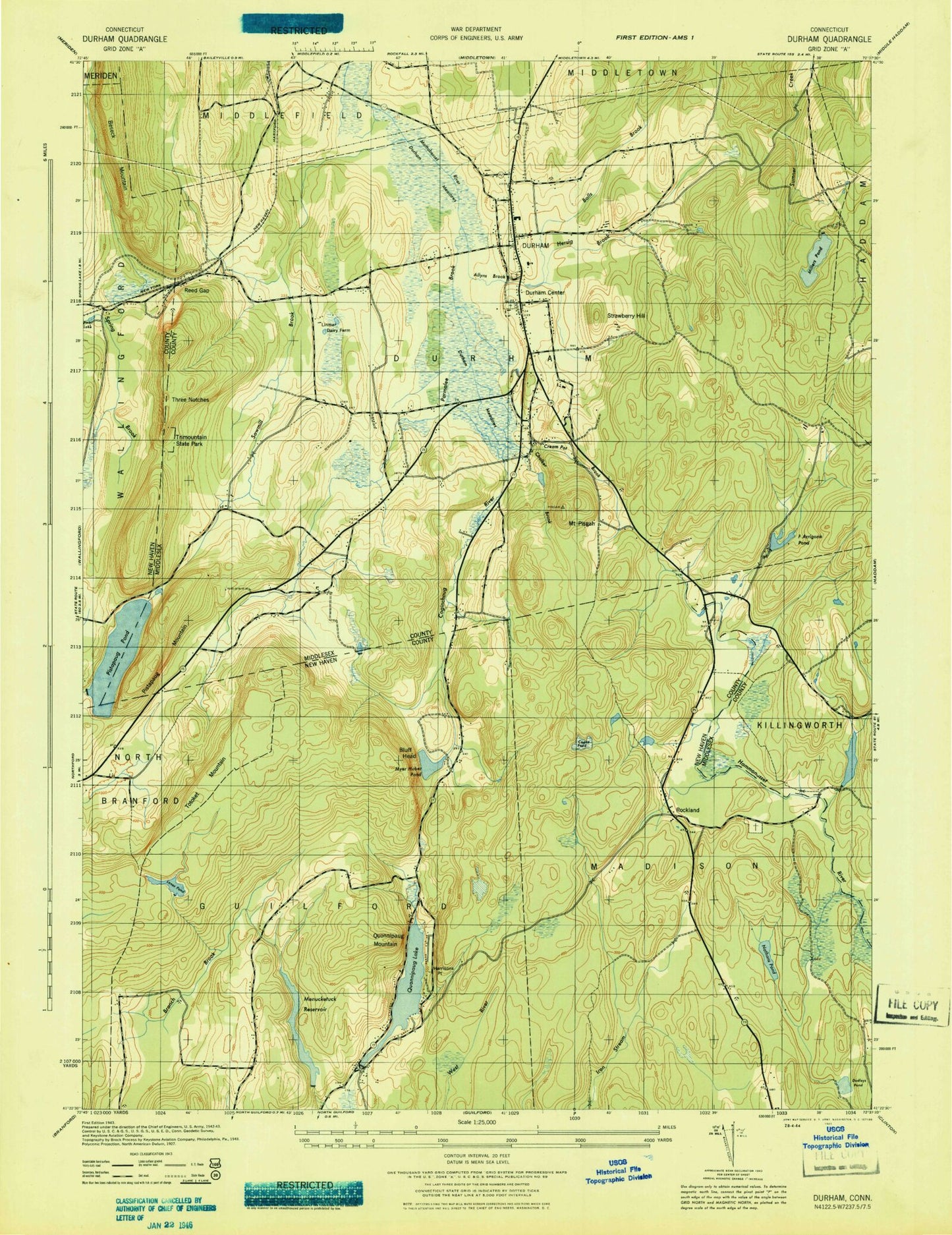 Classic USGS Durham Connecticut 7.5'x7.5' Topo Map Image