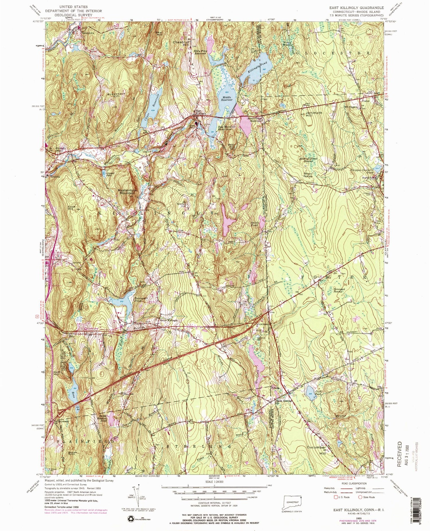 Classic USGS East Killingly Connecticut 7.5'x7.5' Topo Map Image