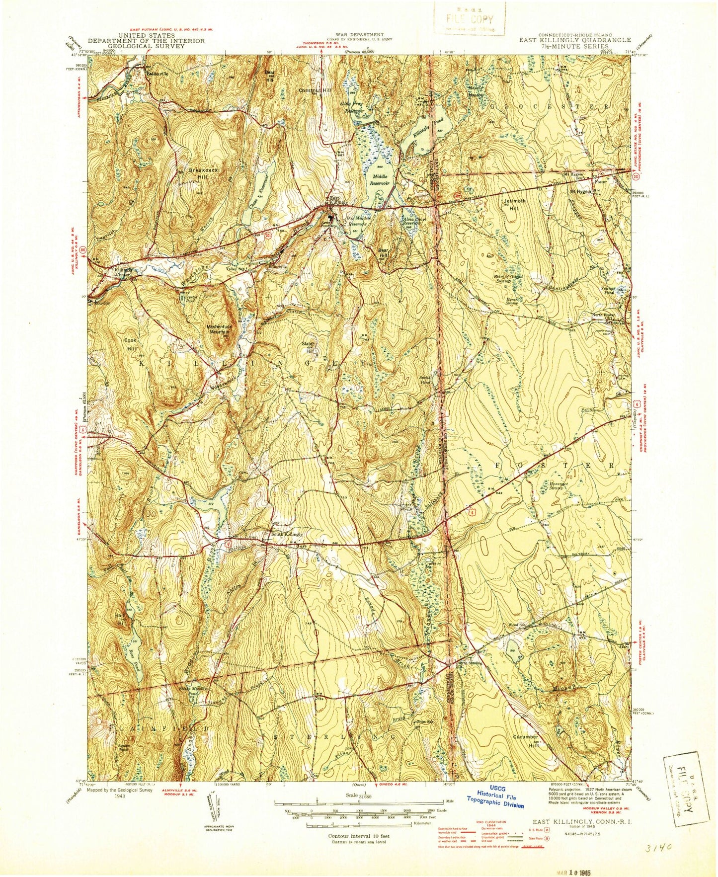 Classic USGS East Killingly Connecticut 7.5'x7.5' Topo Map Image