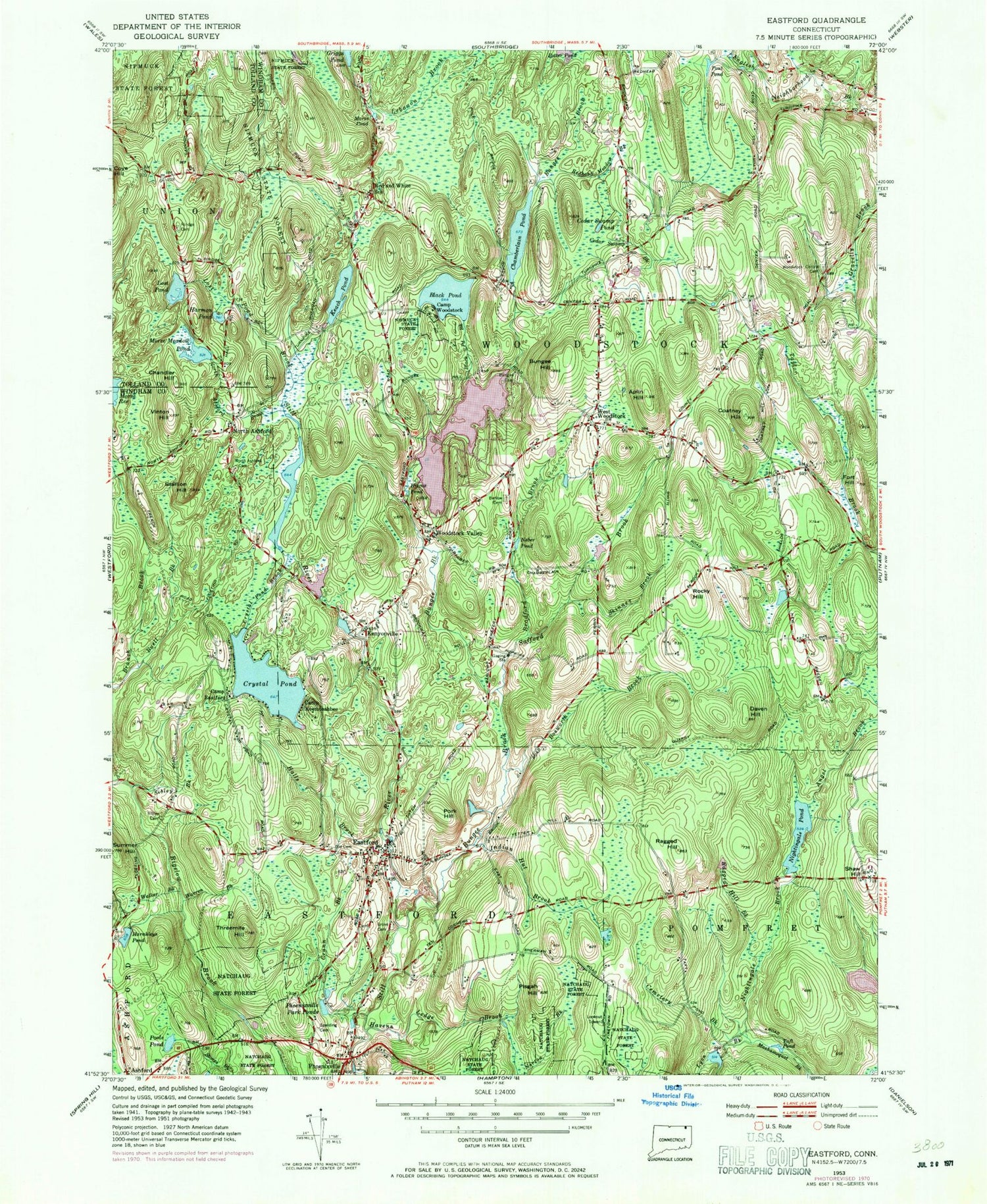 Classic USGS Eastford Connecticut 7.5'x7.5' Topo Map Image