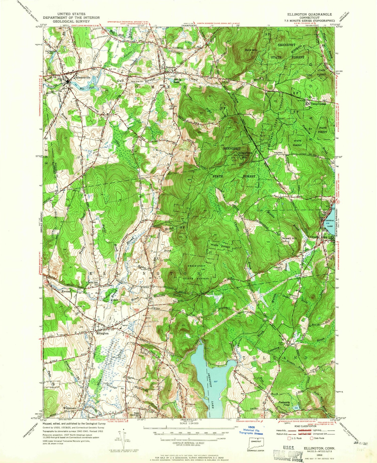 Classic USGS Ellington Connecticut 7.5'x7.5' Topo Map Image