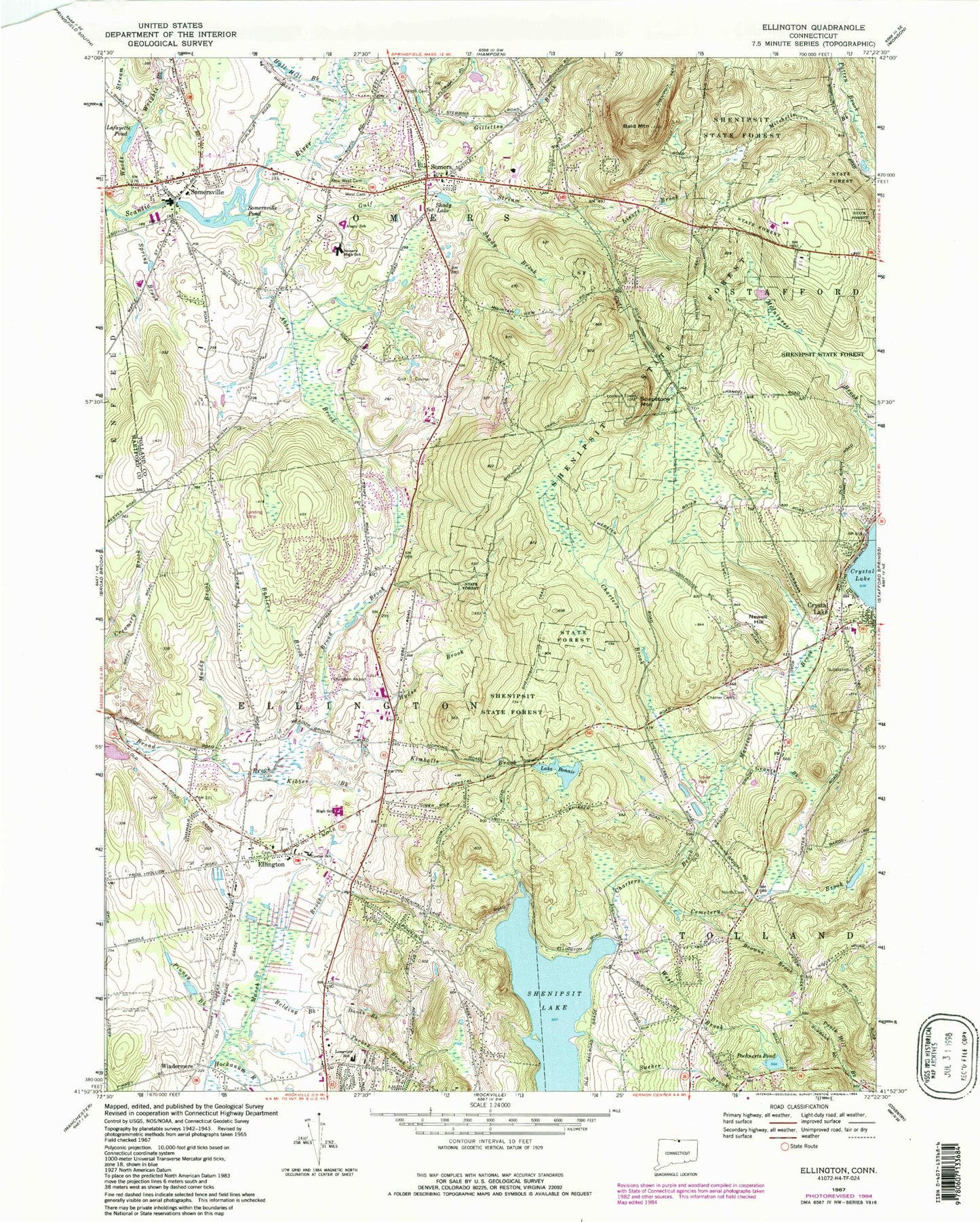 Classic USGS Ellington Connecticut 7.5'x7.5' Topo Map Image