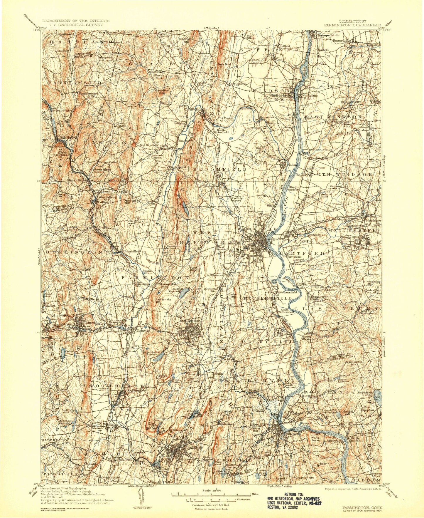 Historic 1906 Farmington Connecticut 30'x30' Topo Map Image