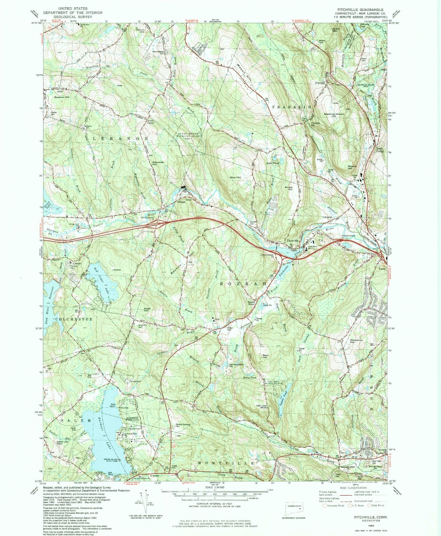Classic USGS Fitchville Connecticut 7.5'x7.5' Topo Map Image