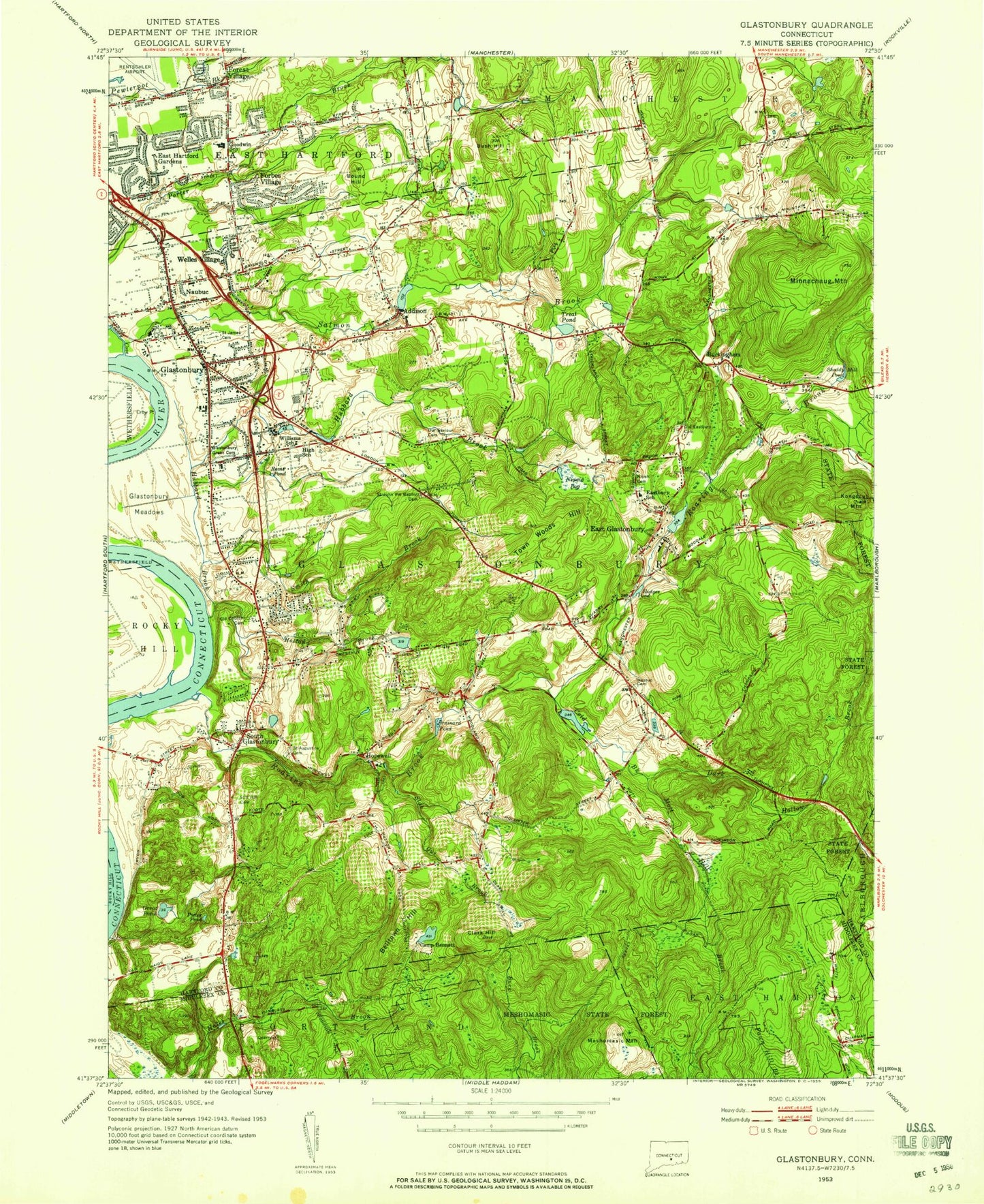 Classic USGS Glastonbury Connecticut 7.5'x7.5' Topo Map Image