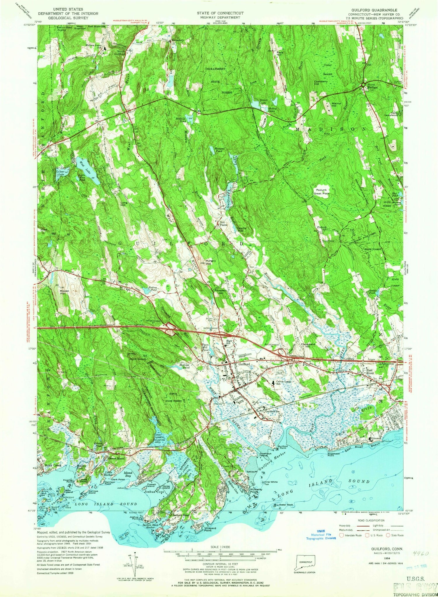 Classic USGS Guilford Connecticut 7.5'x7.5' Topo Map Image