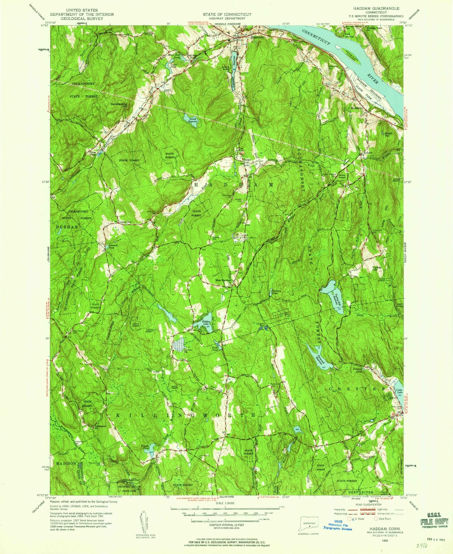 Classic USGS Haddam Connecticut 7.5'x7.5' Topo Map Image