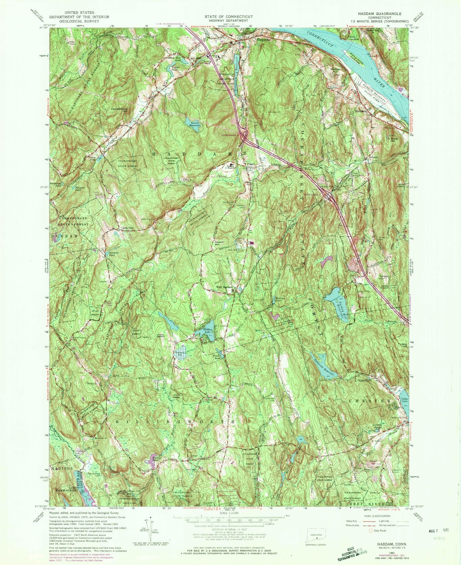 Classic USGS Haddam Connecticut 7.5'x7.5' Topo Map Image