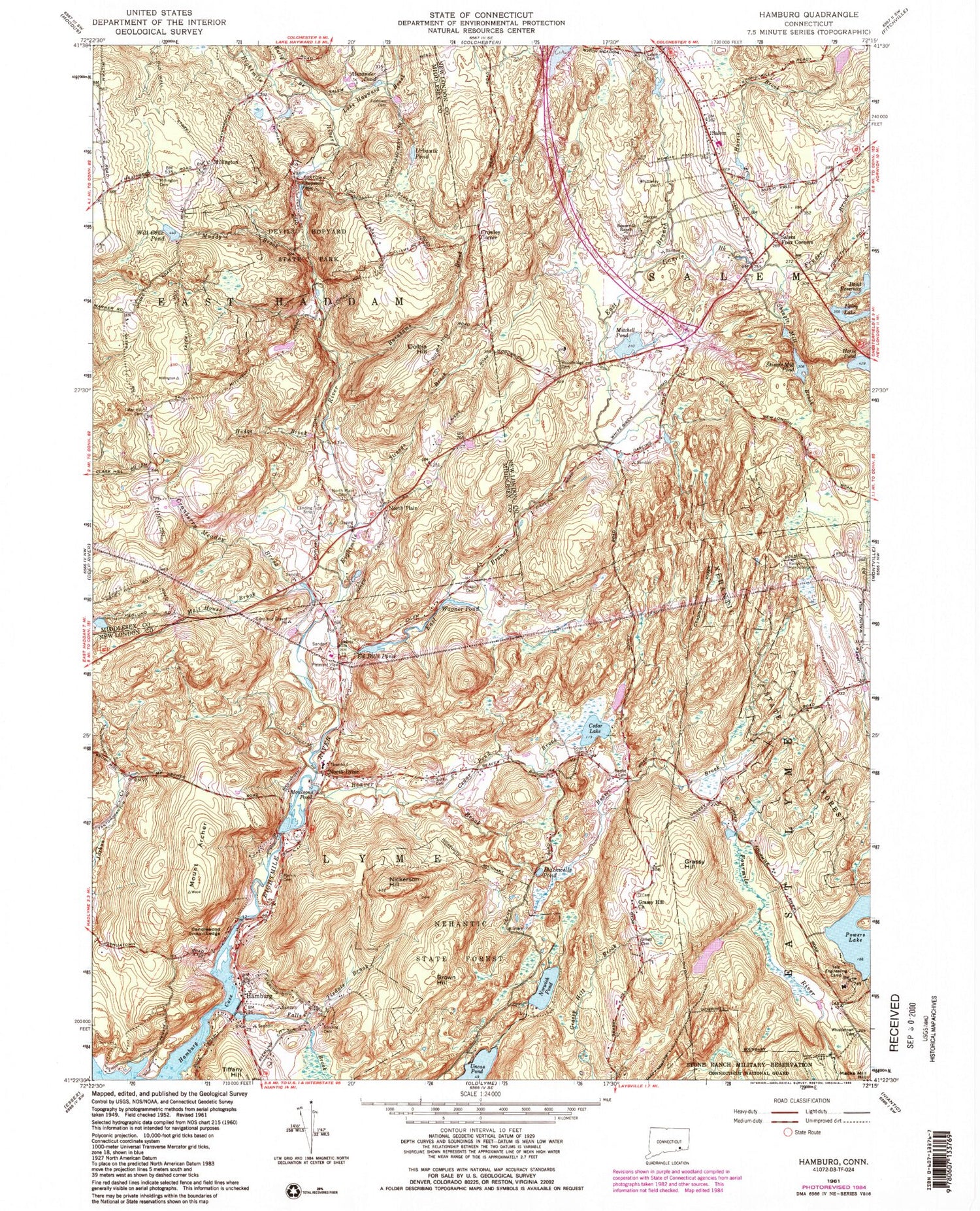 Classic USGS Hamburg Connecticut 7.5'x7.5' Topo Map Image