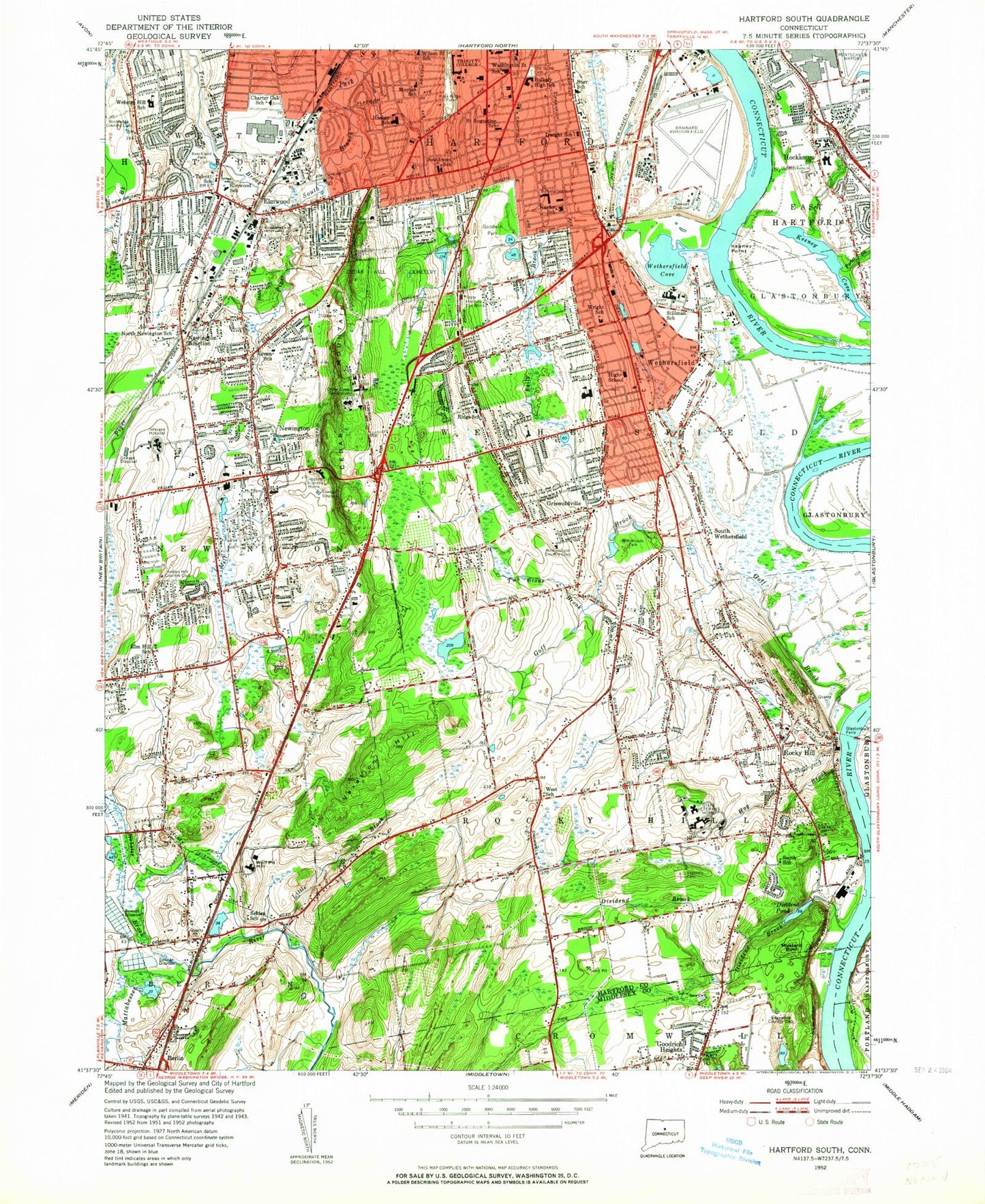 Classic USGS Hartford South Connecticut 7.5'x7.5' Topo Map Image