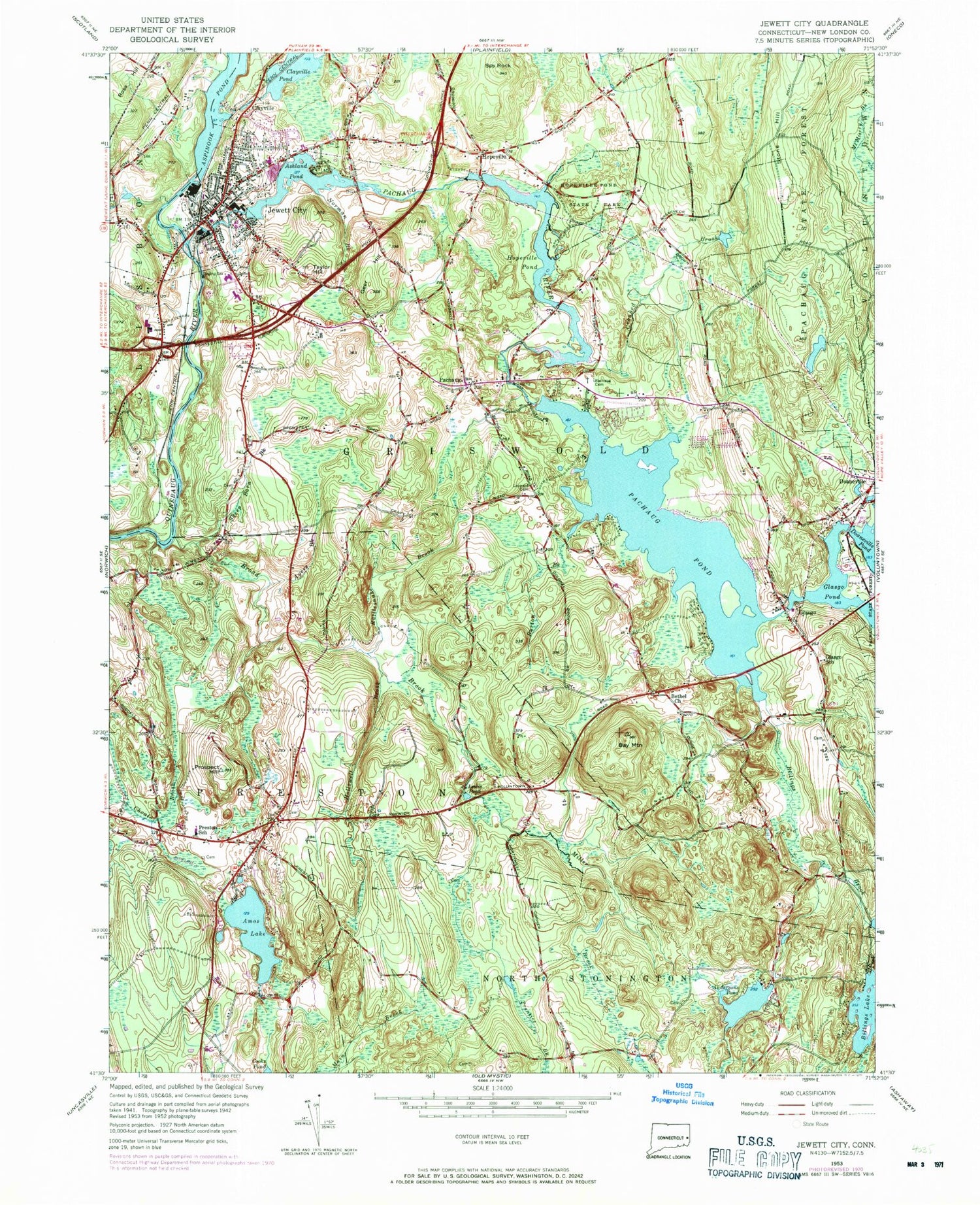 Classic USGS Jewett City Connecticut 7.5'x7.5' Topo Map Image