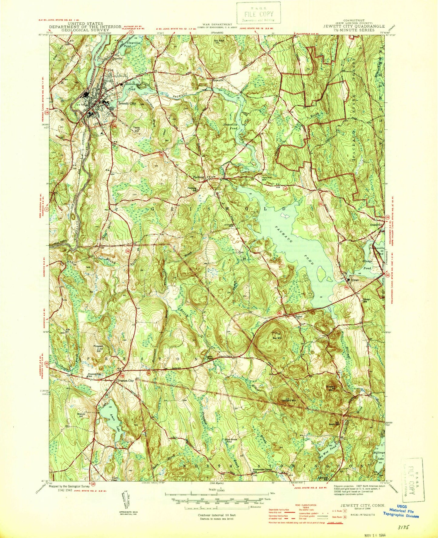 Classic USGS Jewett City Connecticut 7.5'x7.5' Topo Map Image