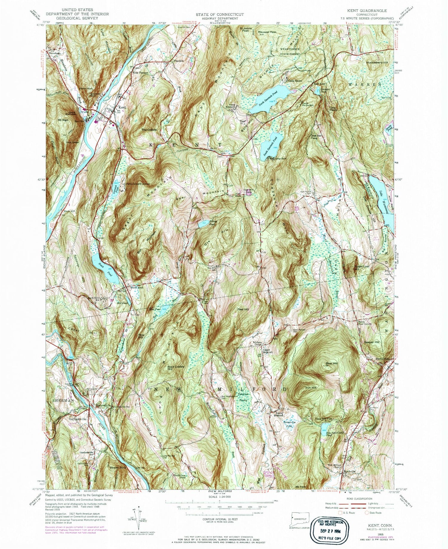 Classic USGS Kent Connecticut 7.5'x7.5' Topo Map Image
