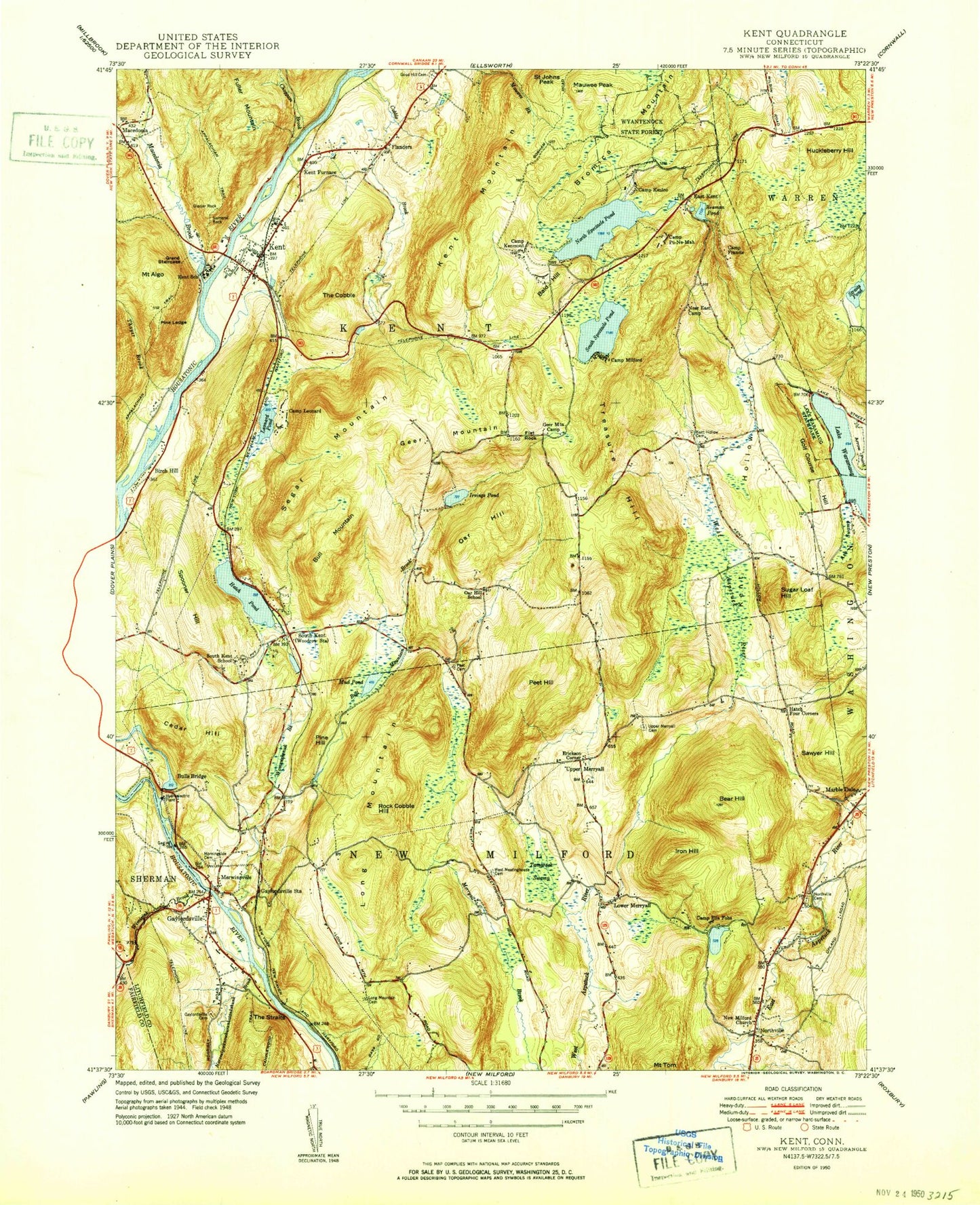 Classic USGS Kent Connecticut 7.5'x7.5' Topo Map Image