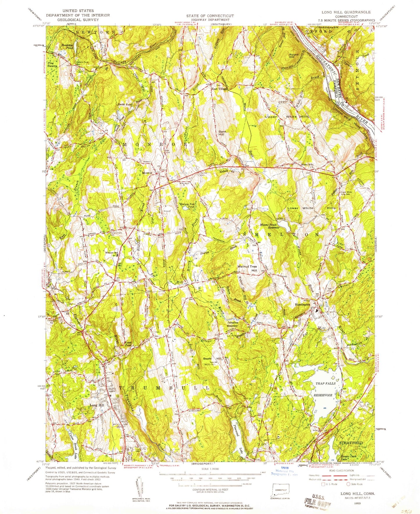 Classic USGS Long Hill Connecticut 7.5'x7.5' Topo Map Image