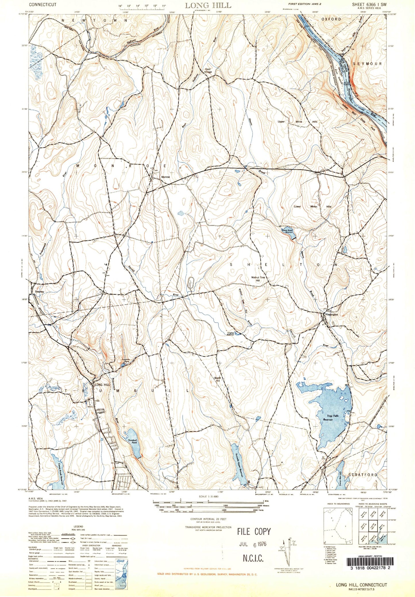 Classic USGS Long Hill Connecticut 7.5'x7.5' Topo Map Image