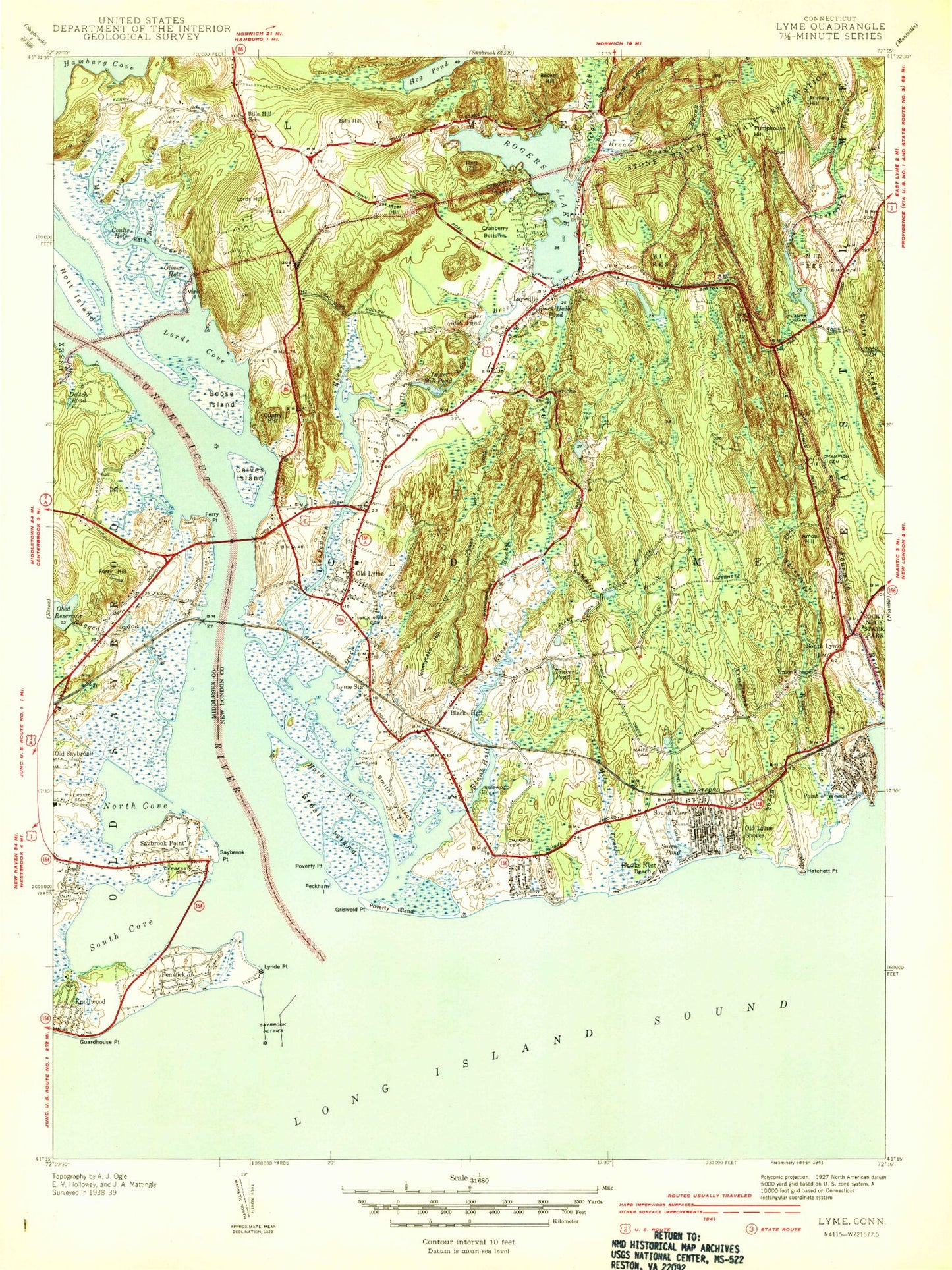 Classic USGS Old Lyme Connecticut 7.5'x7.5' Topo Map Image