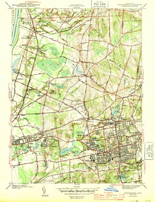 Classic USGS Manchester Connecticut 7.5'x7.5' Topo Map Image
