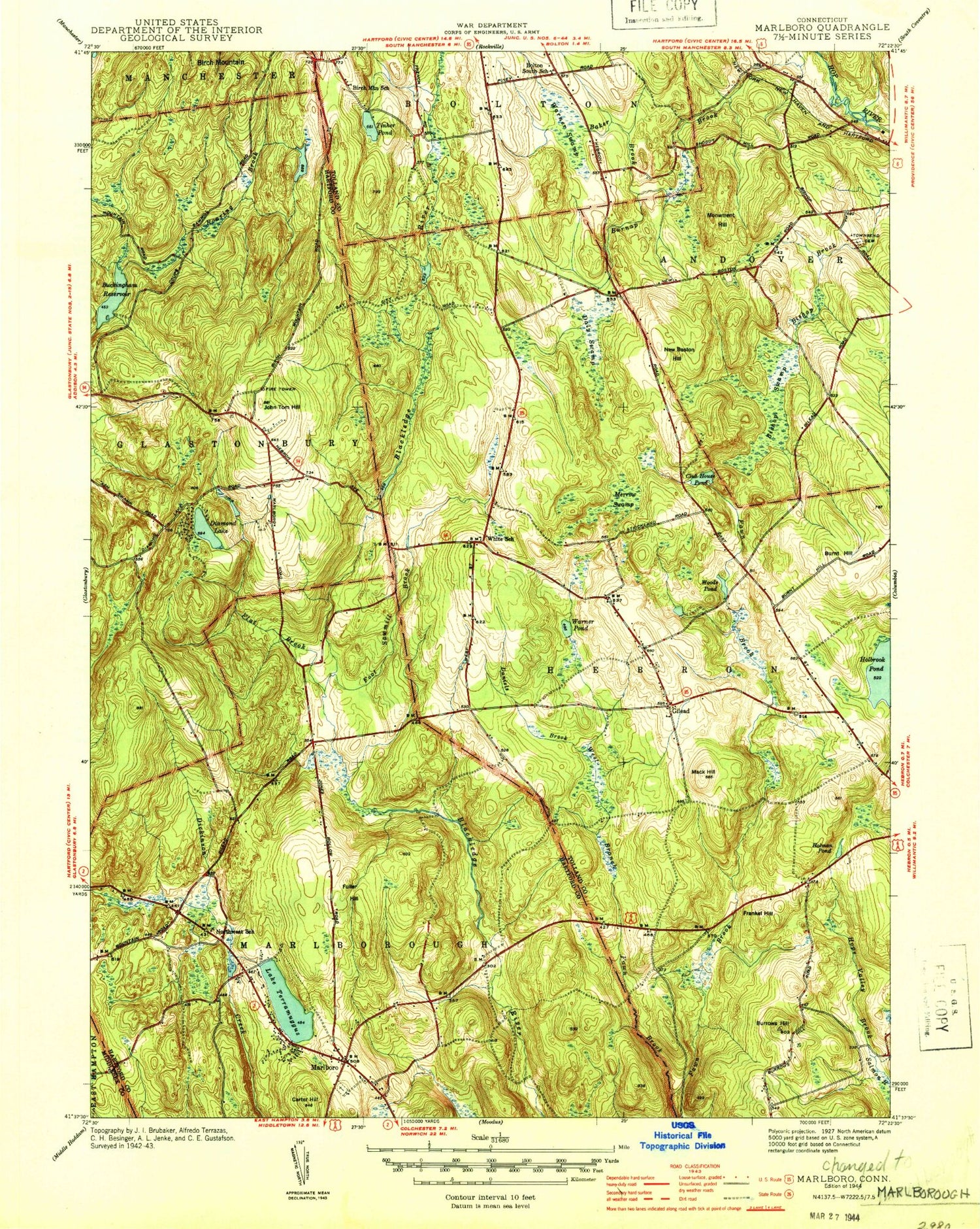 Classic USGS Marlborough Connecticut 7.5'x7.5' Topo Map Image