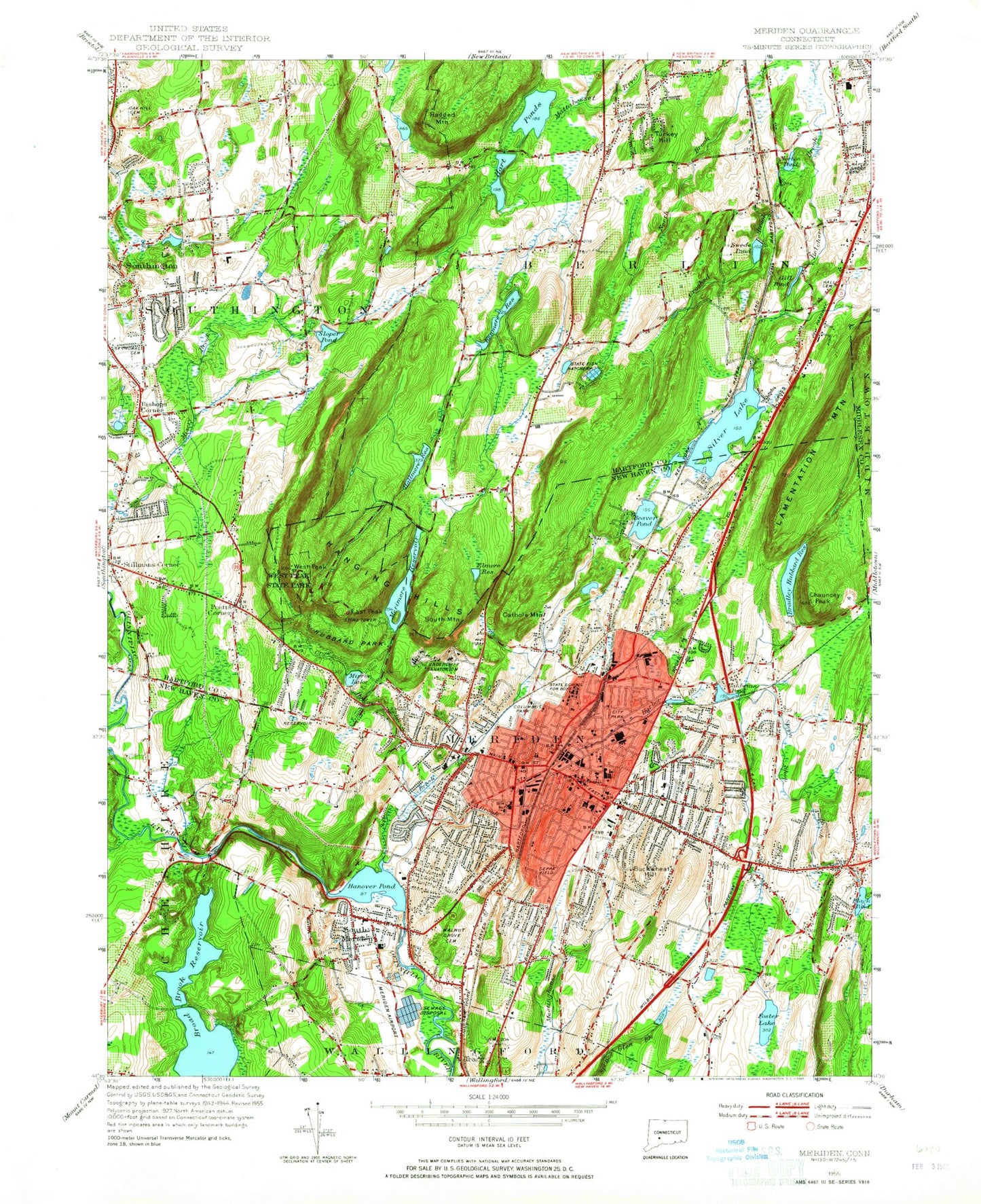 Classic USGS Meriden Connecticut 7.5'x7.5' Topo Map Image