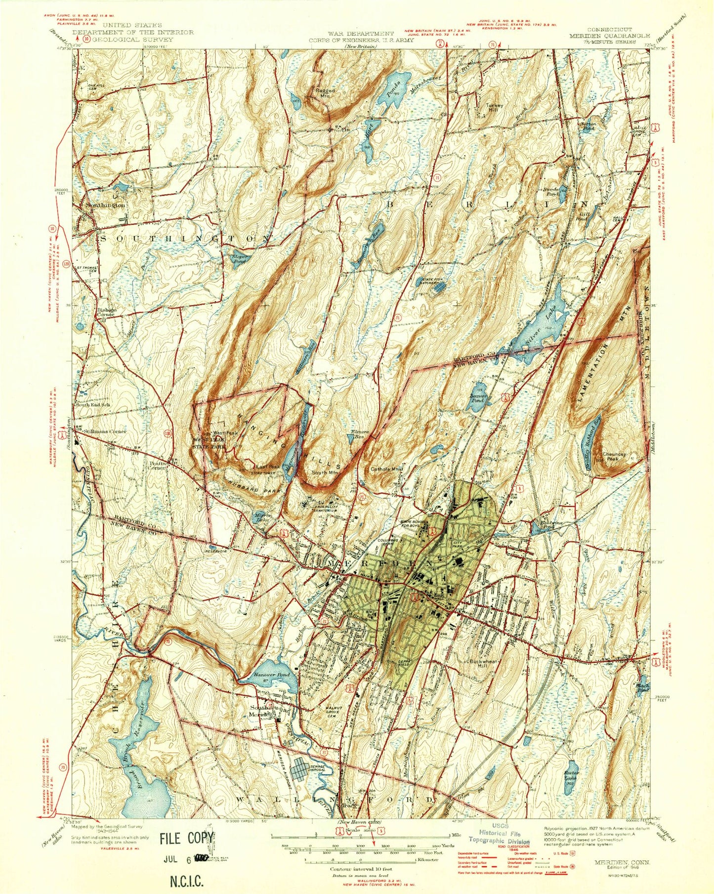 Classic USGS Meriden Connecticut 7.5'x7.5' Topo Map Image