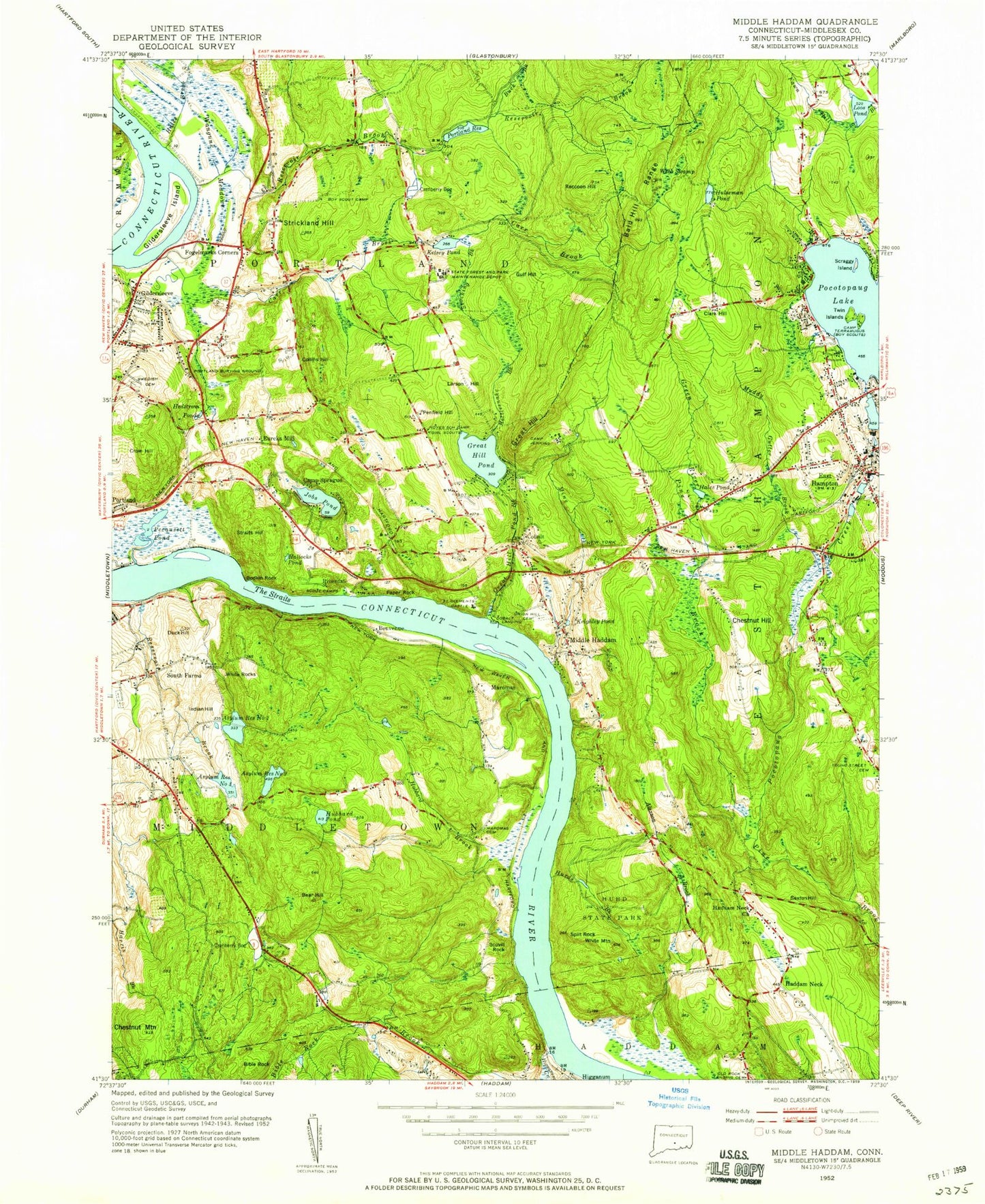 Classic USGS Middle Haddam Connecticut 7.5'x7.5' Topo Map Image