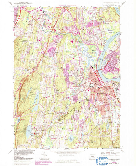 Classic USGS Middletown Connecticut 7.5'x7.5' Topo Map Image