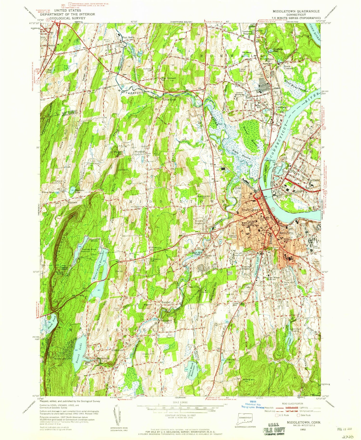 Classic USGS Middletown Connecticut 7.5'x7.5' Topo Map Image