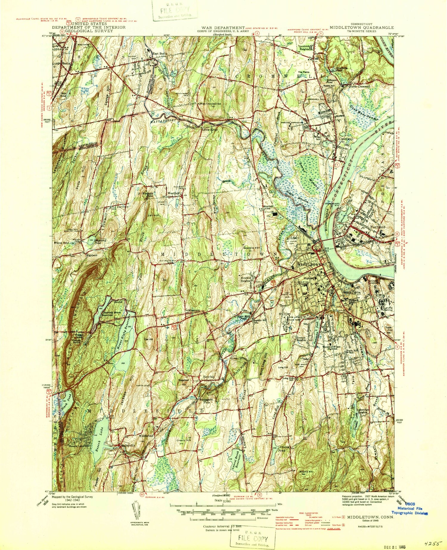 Classic USGS Middletown Connecticut 7.5'x7.5' Topo Map Image