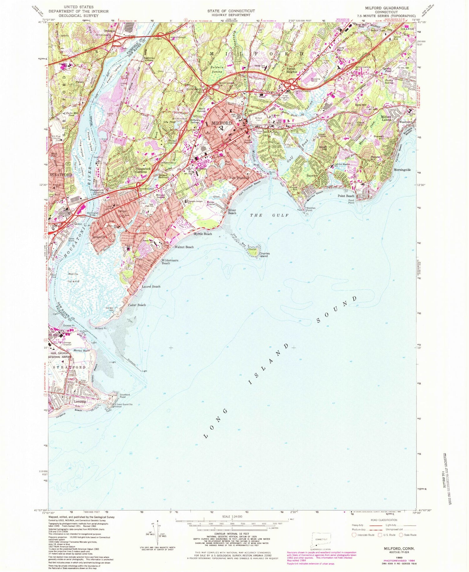 Classic USGS Milford Connecticut 7.5'x7.5' Topo Map Image