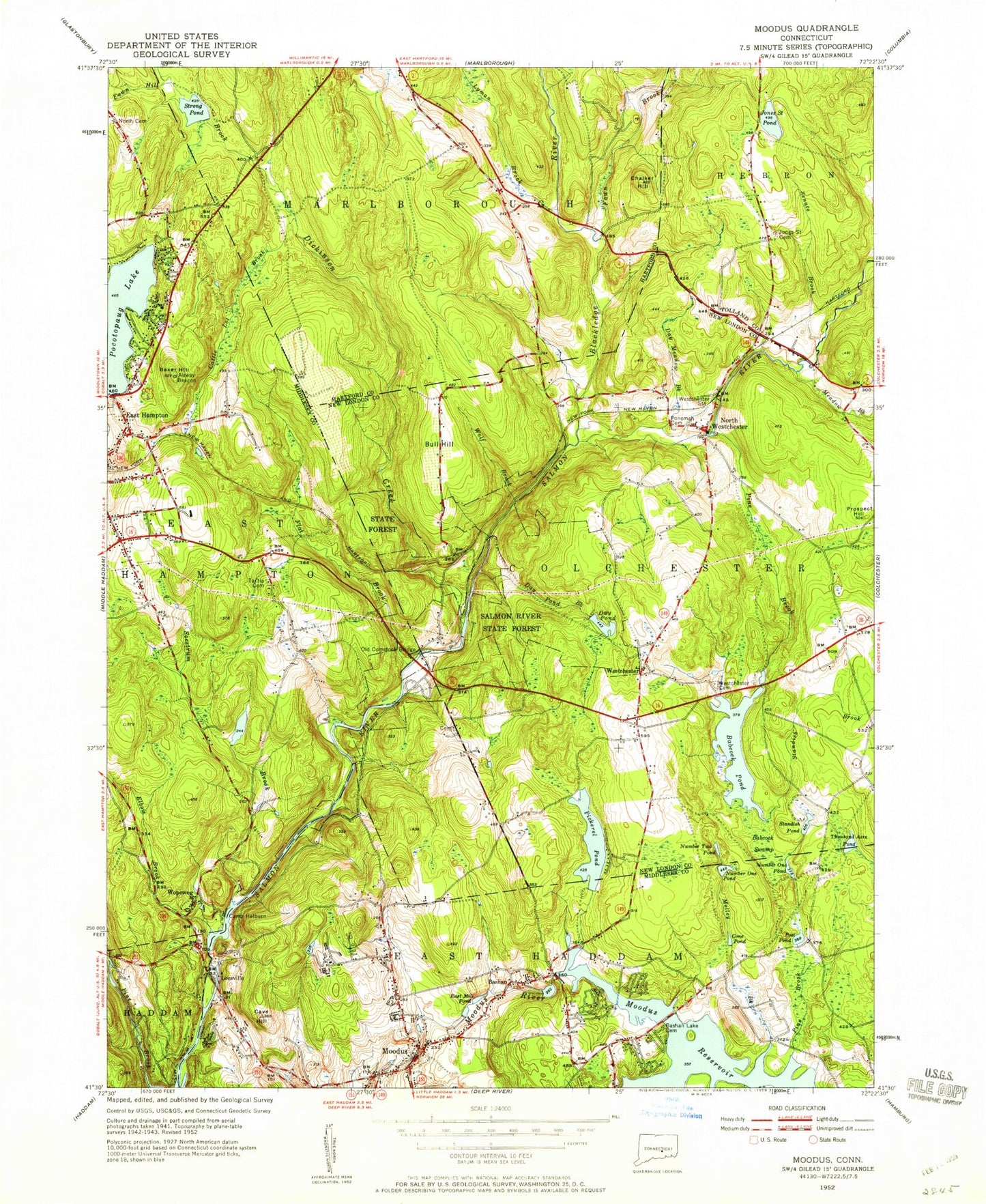 Classic USGS Moodus Connecticut 7.5'x7.5' Topo Map Image