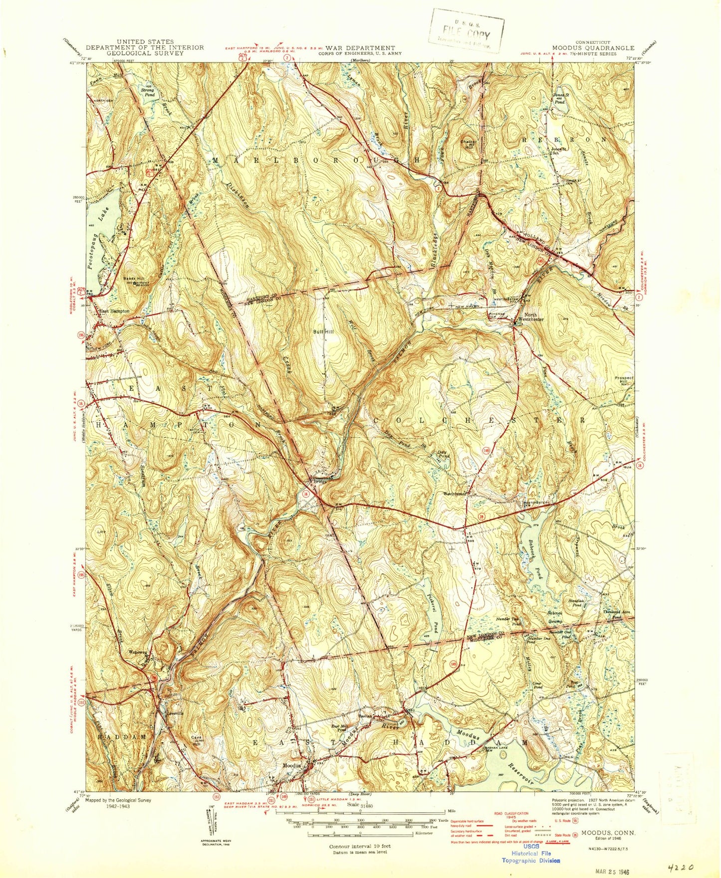 Classic USGS Moodus Connecticut 7.5'x7.5' Topo Map Image