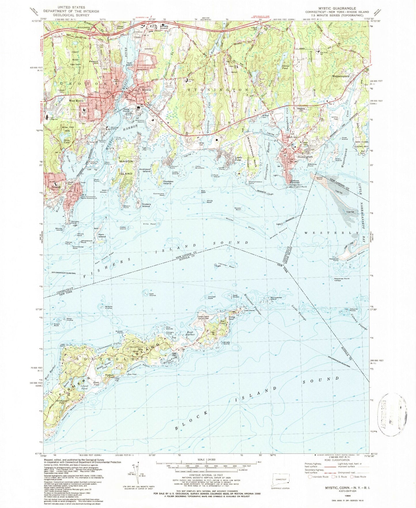 Classic USGS Mystic Connecticut 7.5'x7.5' Topo Map Image