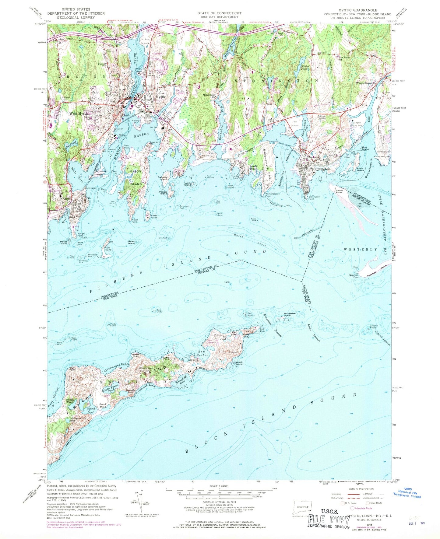 Classic USGS Mystic Connecticut 7.5'x7.5' Topo Map Image