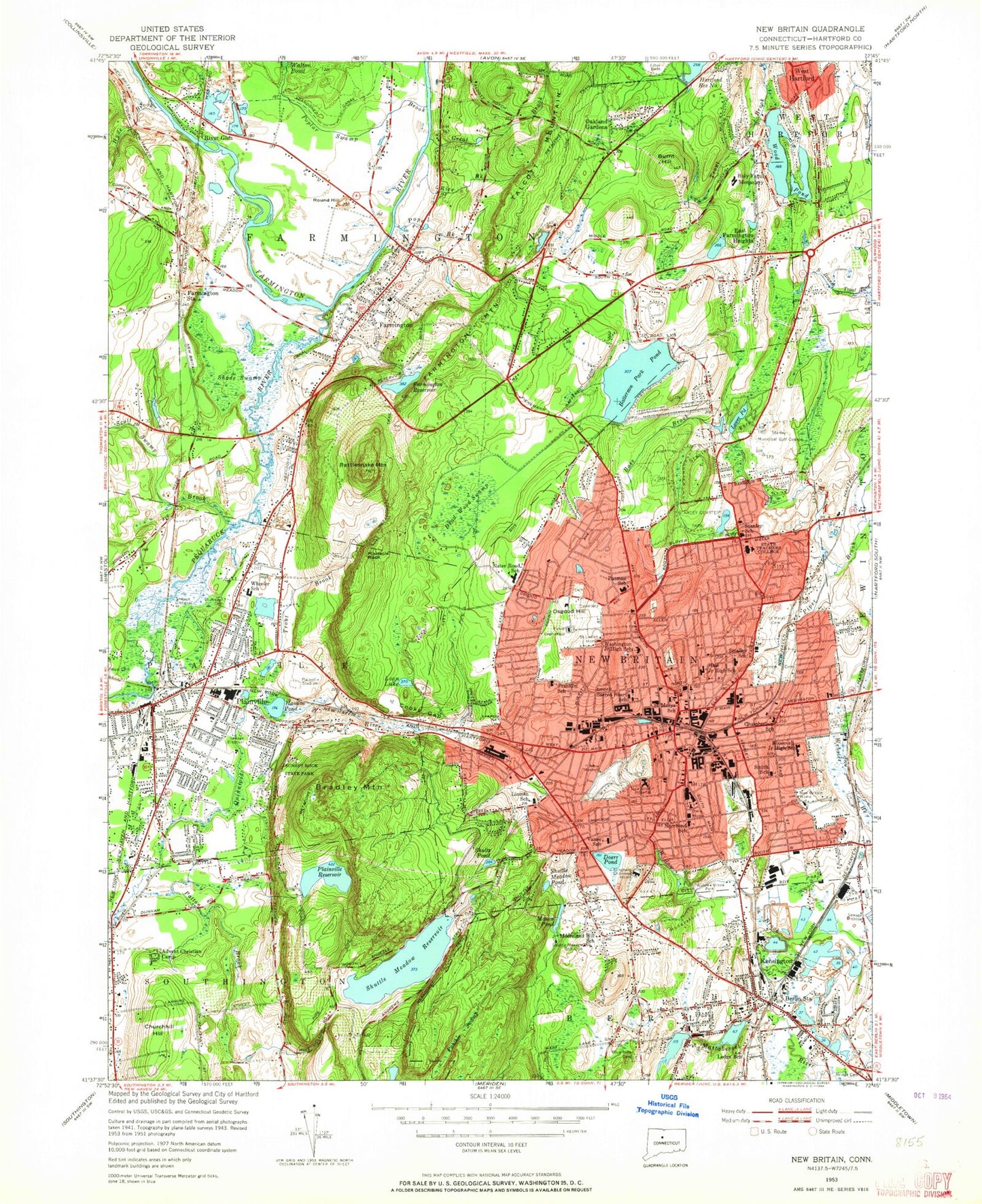 Classic USGS New Britain Connecticut 7.5'x7.5' Topo Map Image