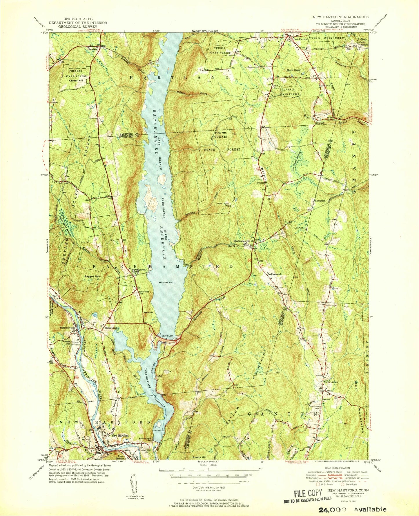 Classic USGS New Hartford Connecticut 7.5'x7.5' Topo Map Image