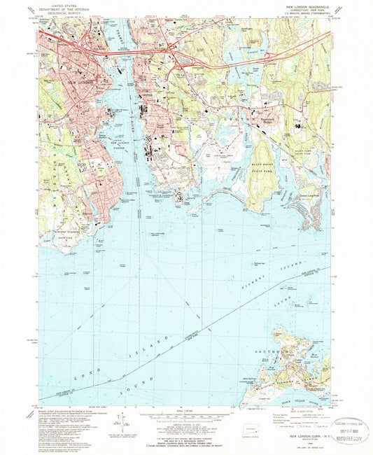 Classic USGS New London Connecticut 7.5'x7.5' Topo Map Image