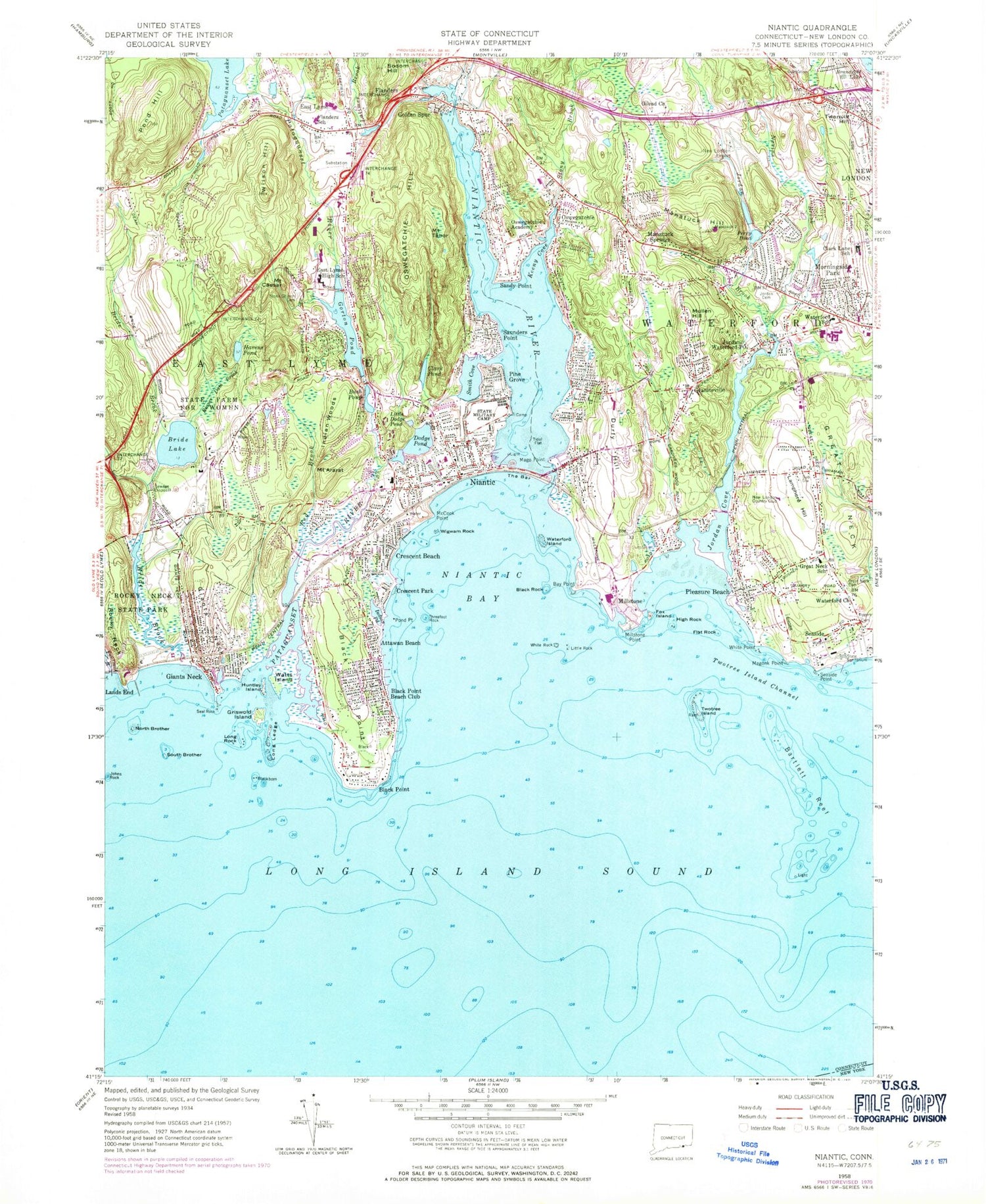 Classic USGS Niantic Connecticut 7.5'x7.5' Topo Map Image