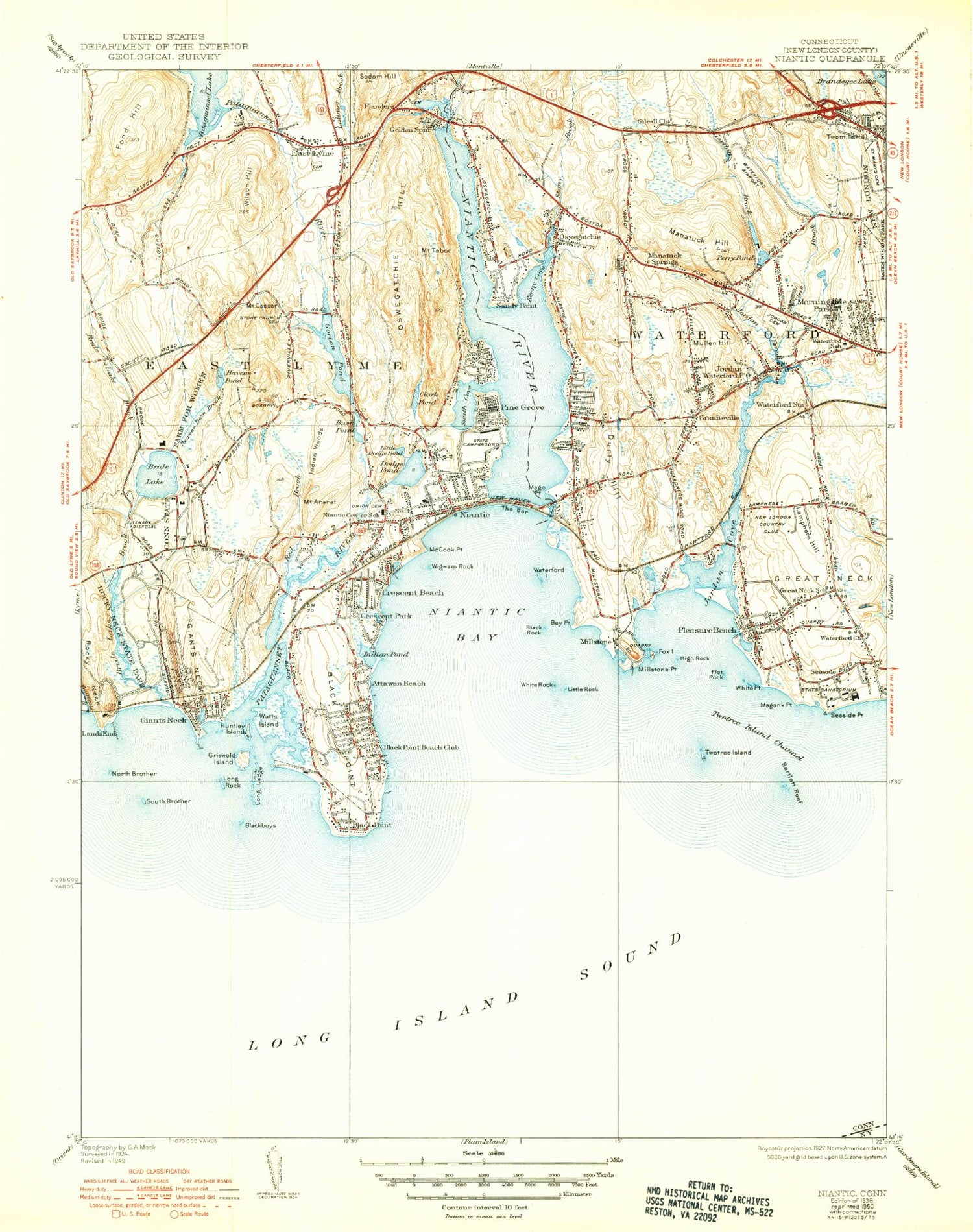 Classic USGS Niantic Connecticut 7.5'x7.5' Topo Map Image