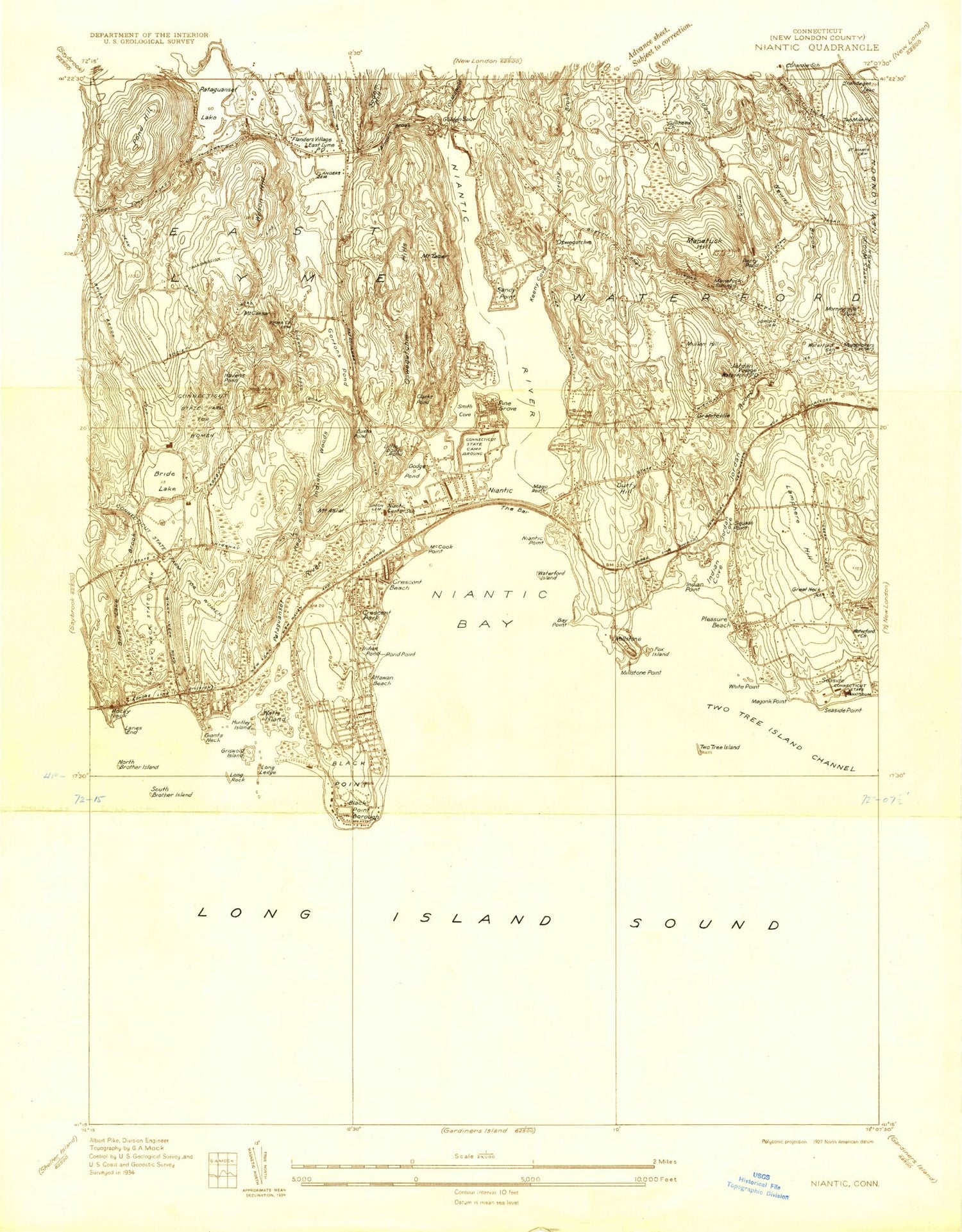 Classic USGS Niantic Connecticut 7.5'x7.5' Topo Map Image