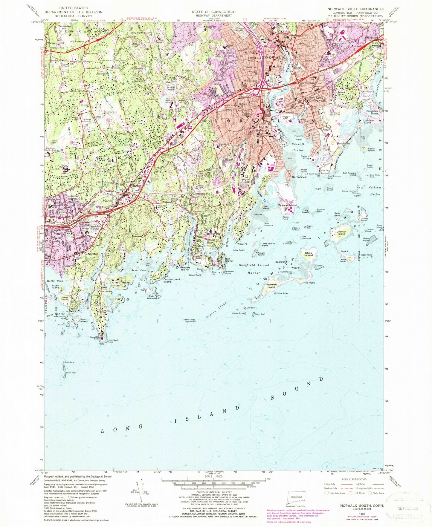 Classic USGS Norwalk South Connecticut 7.5'x7.5' Topo Map Image