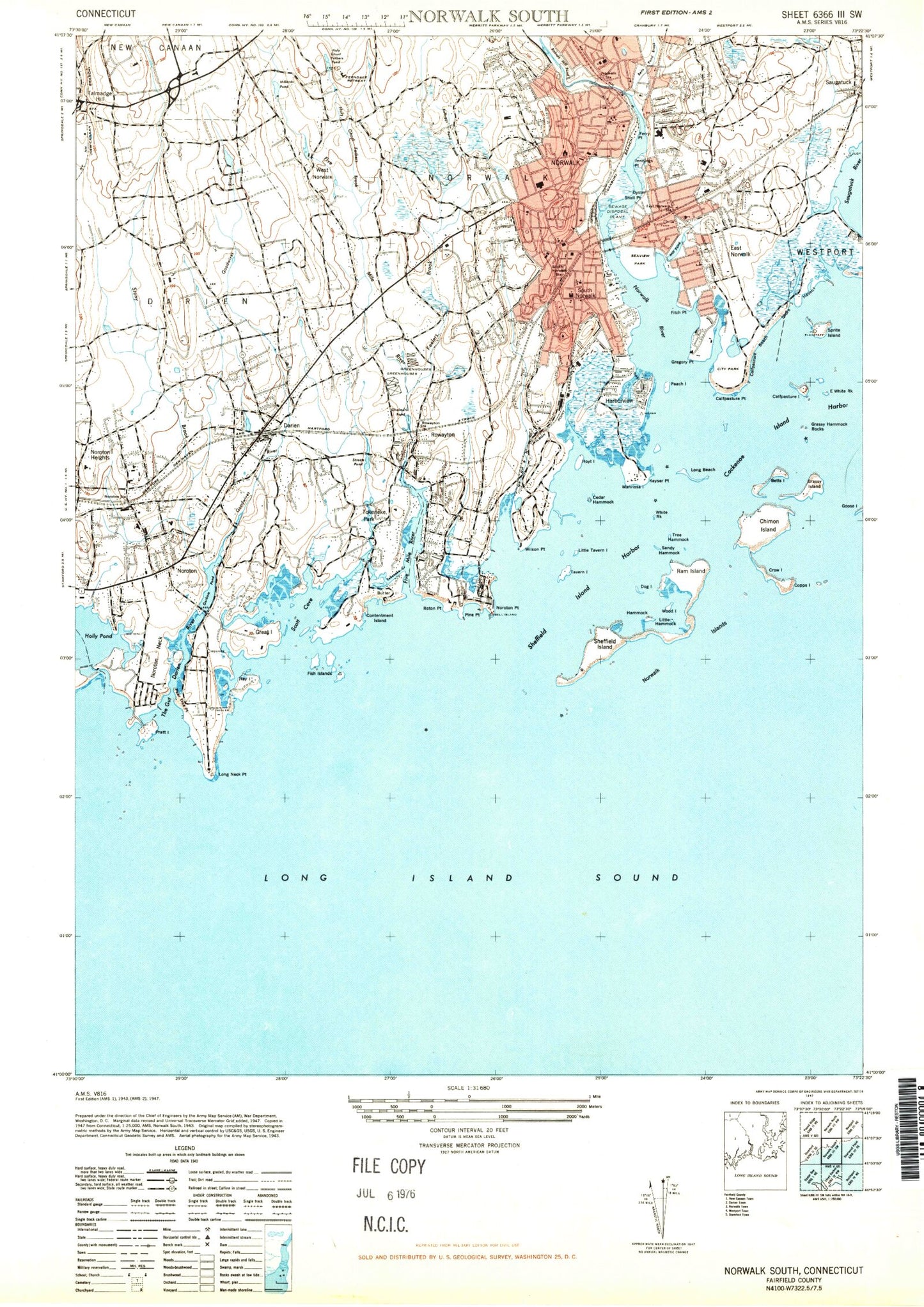 Classic USGS Norwalk South Connecticut 7.5'x7.5' Topo Map Image