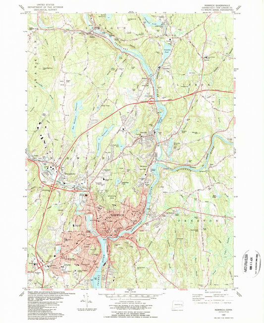 Classic USGS Norwich Connecticut 7.5'x7.5' Topo Map Image