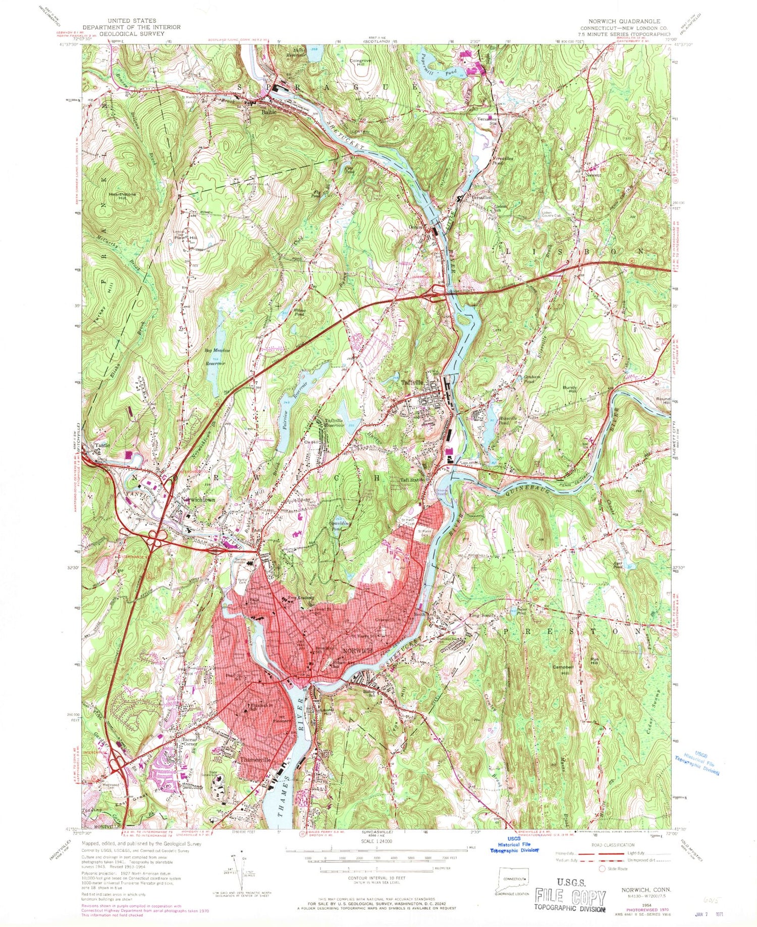 Classic USGS Norwich Connecticut 7.5'x7.5' Topo Map Image