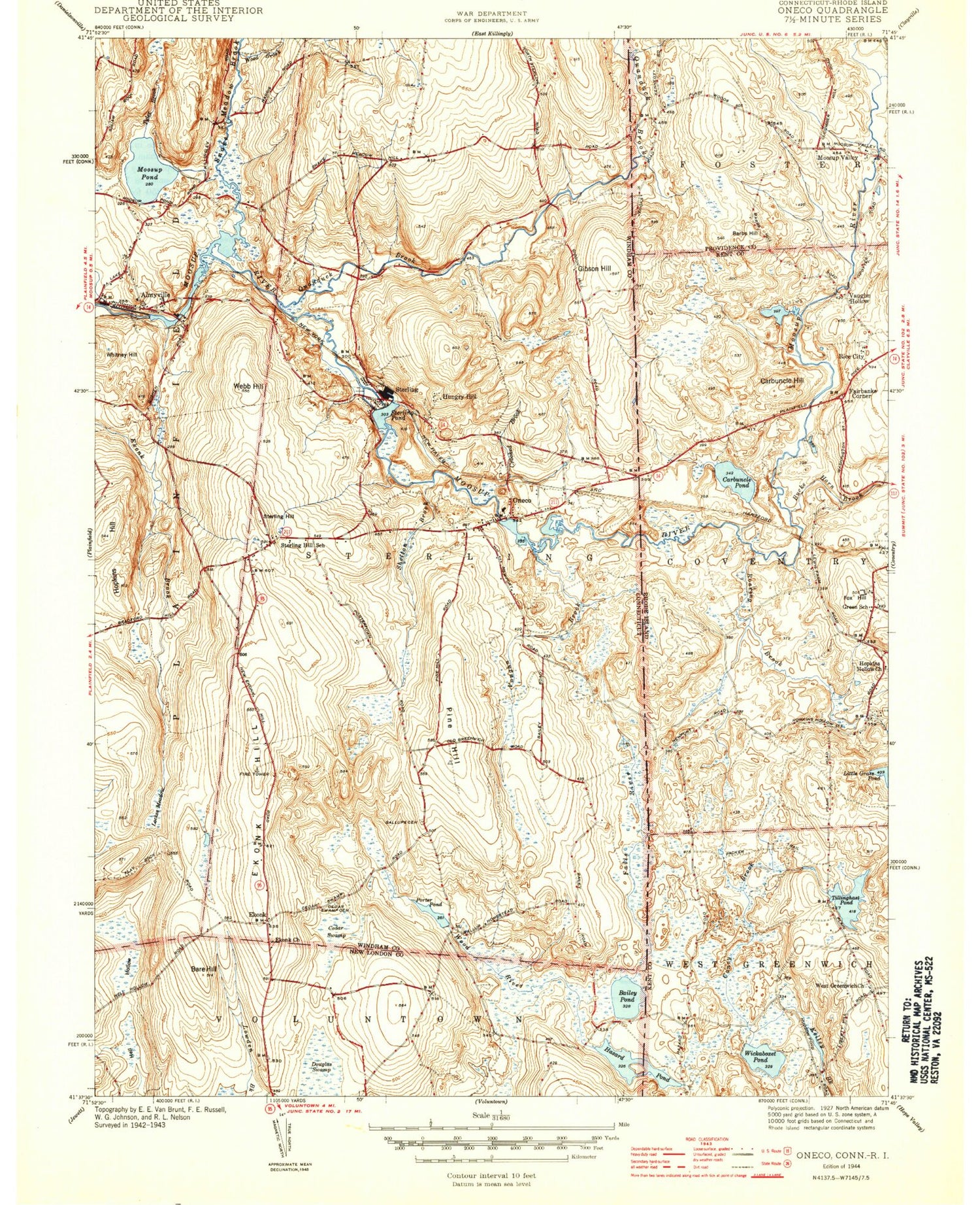Classic USGS Oneco Connecticut 7.5'x7.5' Topo Map Image