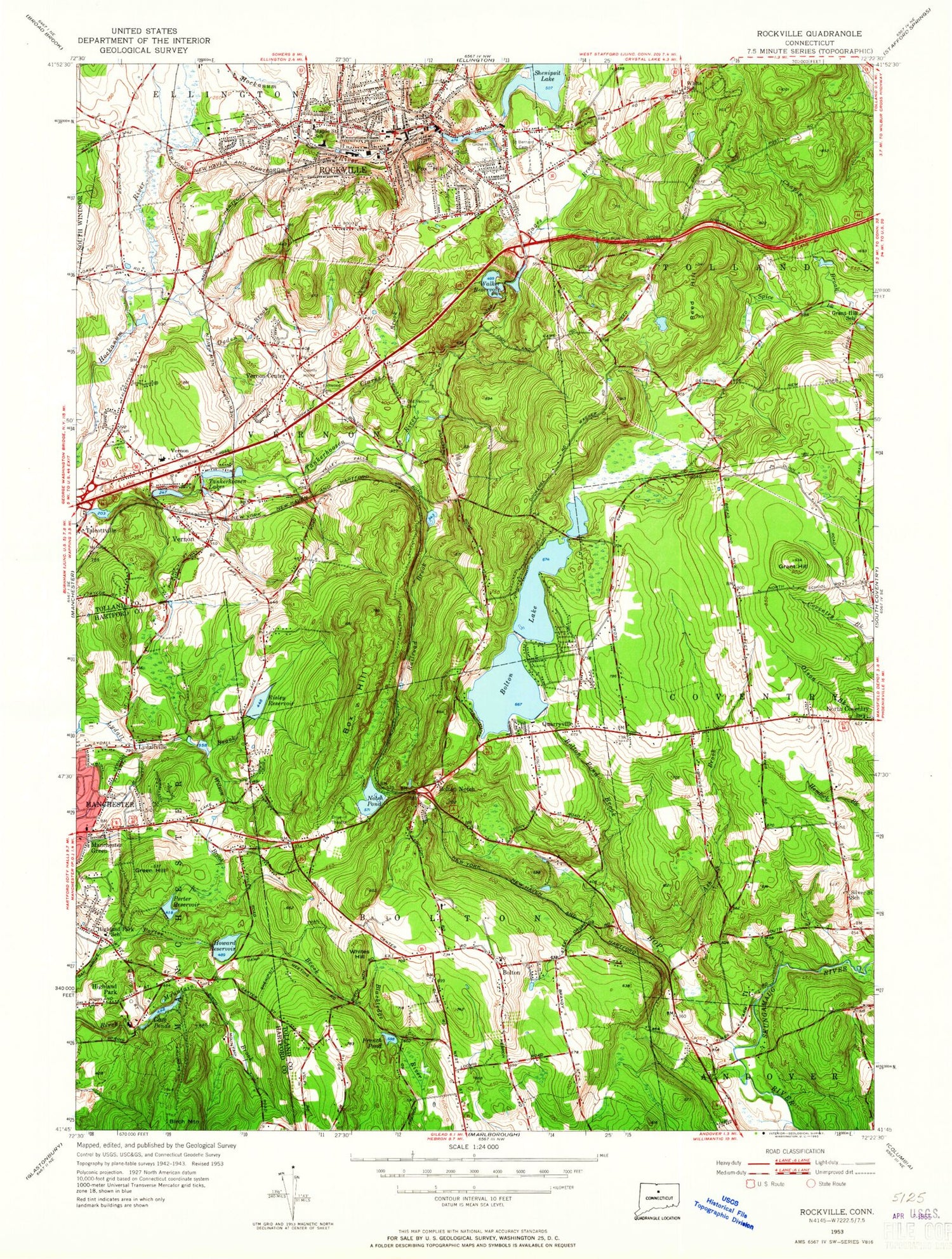 Classic USGS Rockville Connecticut 7.5'x7.5' Topo Map Image