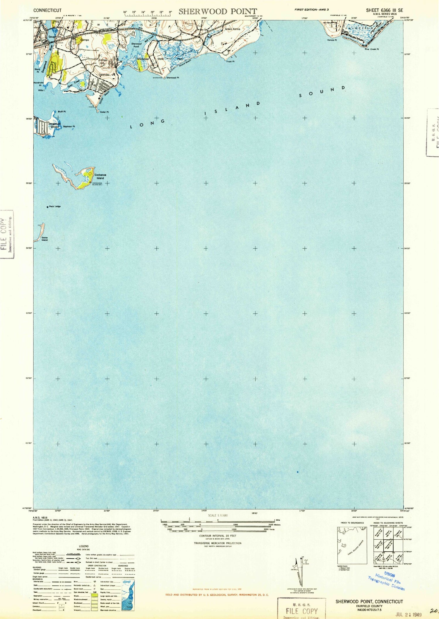 Classic USGS Sherwood Point Connecticut 7.5'x7.5' Topo Map Image