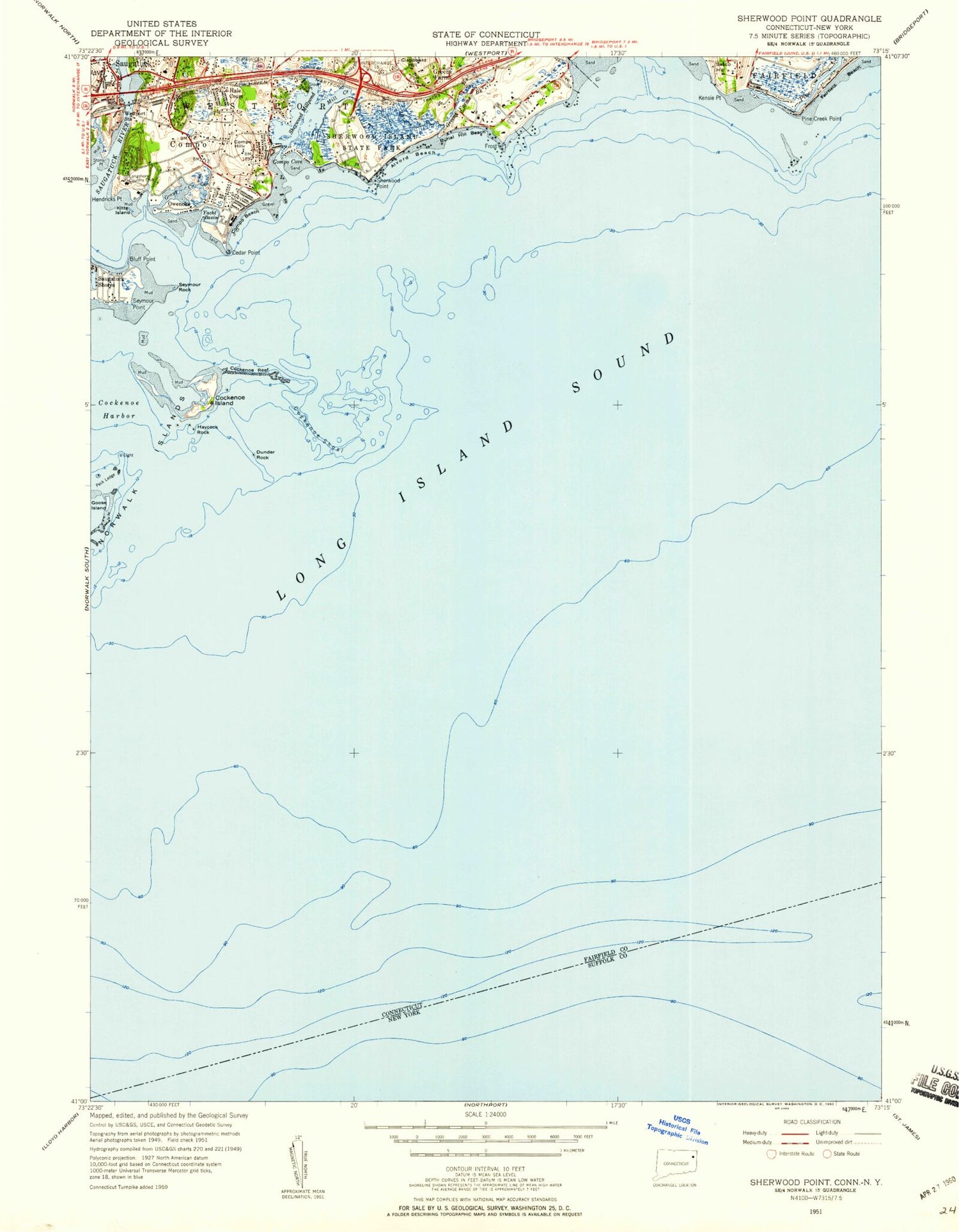 Classic USGS Sherwood Point Connecticut 7.5'x7.5' Topo Map Image